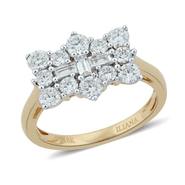 ILIANA 18K Y Gold IGI Certified Diamond (Bgt) (SI / G-H) Boat Cluster Ring 1.000 Ct.