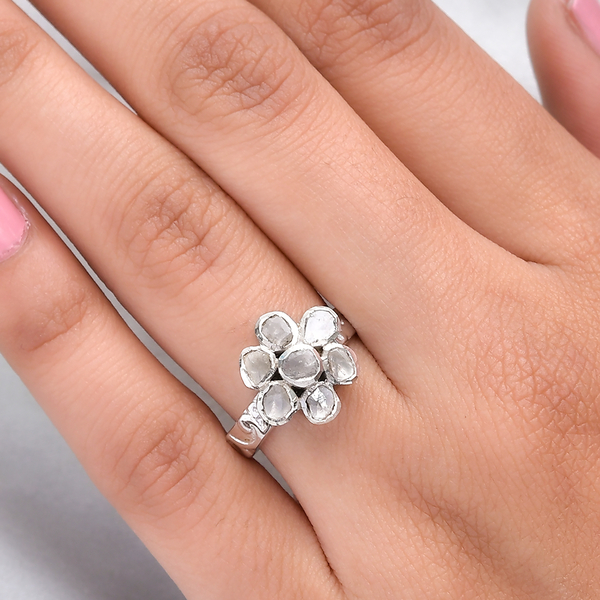 Polki Diamond Floral Ring in Platinum Overlay Sterling Silver 0.50 Ct.