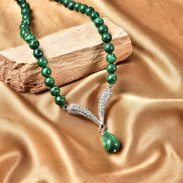 Malachite and White Austrian Crystal Necklace (Size 20 with 2 inch Extender) in Silver Tone 192.00 Ct.
