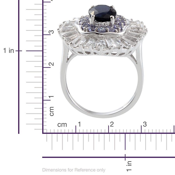 Kanchanaburi Blue Sapphire (Ovl 2.00 Ct), Tanzanite and White Topaz Ring in Platinum Overlay Sterling Silver 6.160 Ct.