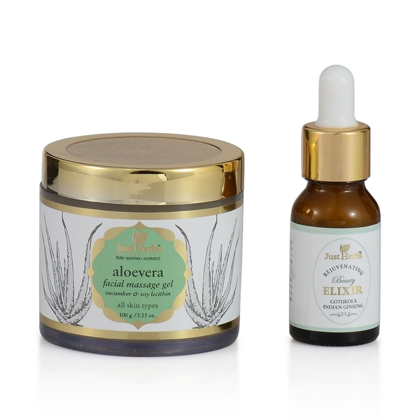 Just Herbs Aloevera Facial Massage Gel (100g) and Gotukola-Indian Ginseng Rejuvenating Beauty Elixir