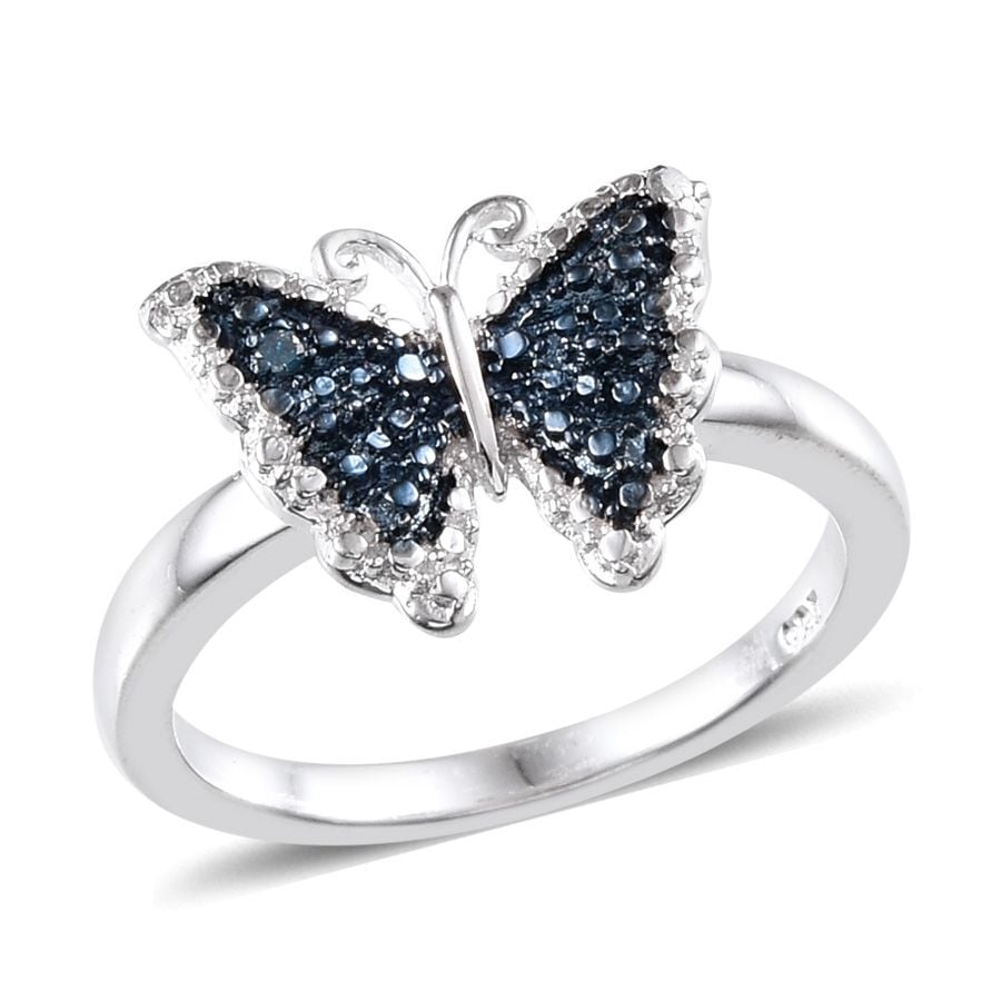 Blue Diamond (Rnd), White Diamond Butterfly Ring in Platinum Overlay Sterling Silver