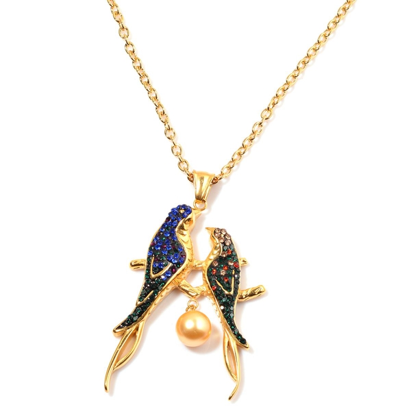 Golden Shell Pearl and Multi Colour Austrian Crystal Birds Pendant With Chain in ION Plated Yellow G