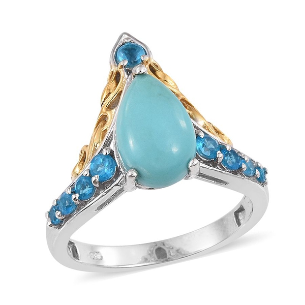 Sonoran Turquoise (Pear 3.00 Ct), Malgache Neon Apatite Ring in Platinum and Yellow Gold Overlay Ste