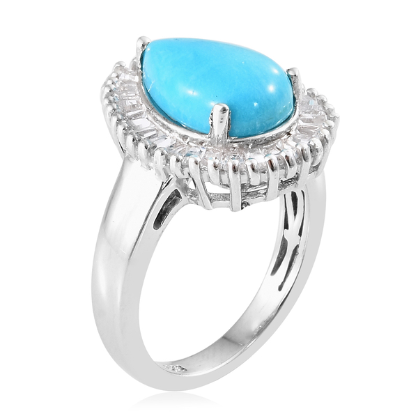 Arizona Sleeping Beauty Turquoise (Pear), White Topaz Ring in Platinum Overlay Sterling Silver 3.500 Ct