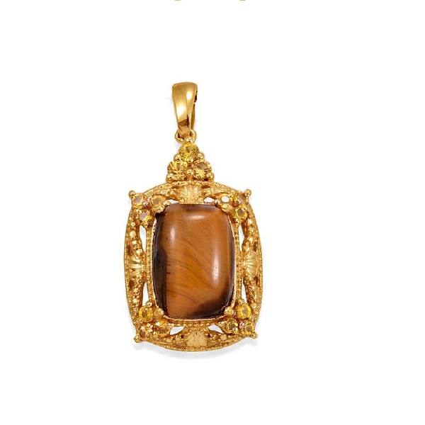 Tigers Eye (Cush 4.75 Ct), Simulated Yellow Sapphire Pendant in ION Plated 18K YG Bond 5.500 Ct.