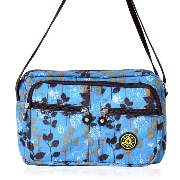 Turquoise and Multi Colour Leaves Pattern Waterproof Sport Bag with External Zipper Pocket and Adjus