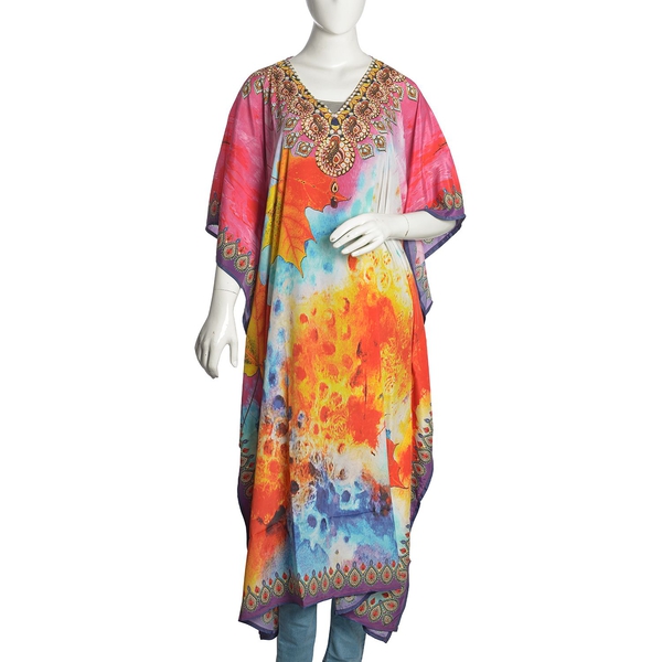 Pink, Orange and Multi Colour Maple Leaf and Necklace Digital Printed Kaftan (Free Size)