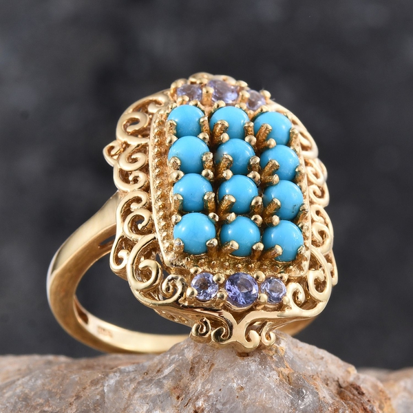Arizona Sleeping Beauty Turquoise (Rnd), Tanzanite Ring in 14K Gold Overlay Sterling Silver 1.750 Ct.