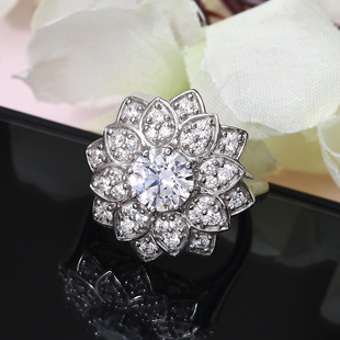 Lustro Stella Platinum Overlay Sterling Silver Floral Ring Made with Finest CZ 4.13 Ct, Silver wt. 5.30 Gms
