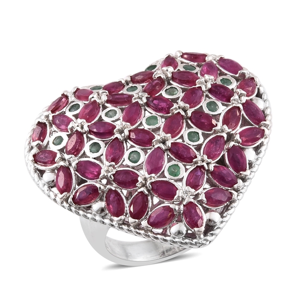 5.75 Ct African Ruby and Kagem Zambian Emerald Heart Ring in Platinum Plated Sterling Silver