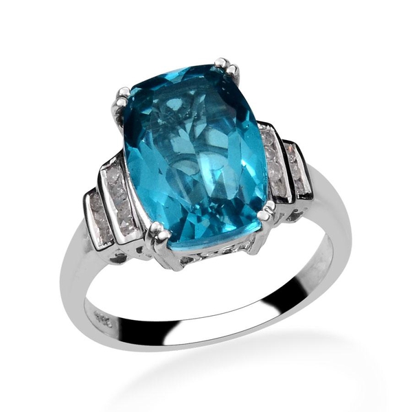 Capri Blue Quartz (Cush 5.75 Ct), Diamond Ring in Platinum Overlay Sterling Silver 5.900 Ct.