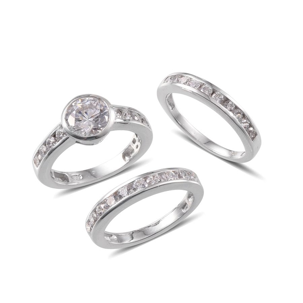 Lustro Stella - Platinum Overlay Sterling Silver (Rnd) 3 Ring Set Made with Finest CZ 3.720 Ct.