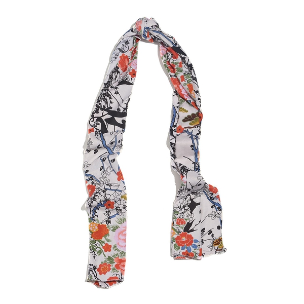 100% Natural Bamboo Fabric Orange and Multi Colour Floral Pattern White Colour Scarf (Size 180x50 Cm)