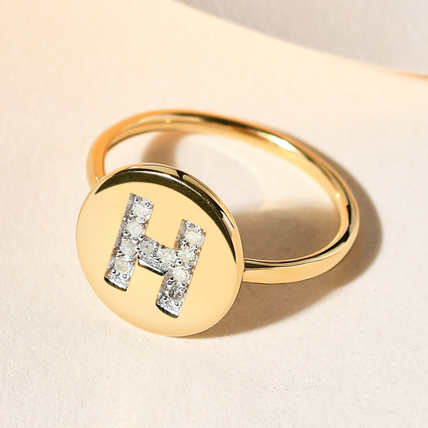 White Diamond Initial-H Ring in 14K Gold Overlay Sterling Silver