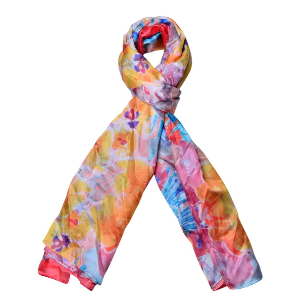 100% Mulberry Silk Blue, Pink and Multi Colour Floral Pattern Scarf (Size 180x110 Cm)