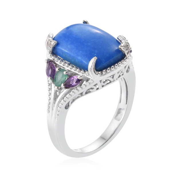 Ceruleite (Cush 5.10 Ct), Kagem Zambian Emerald, Amethyst and Natural Cambodian Zircon Ring in Platinum Overlay Sterling Silver 5.750 Ct.