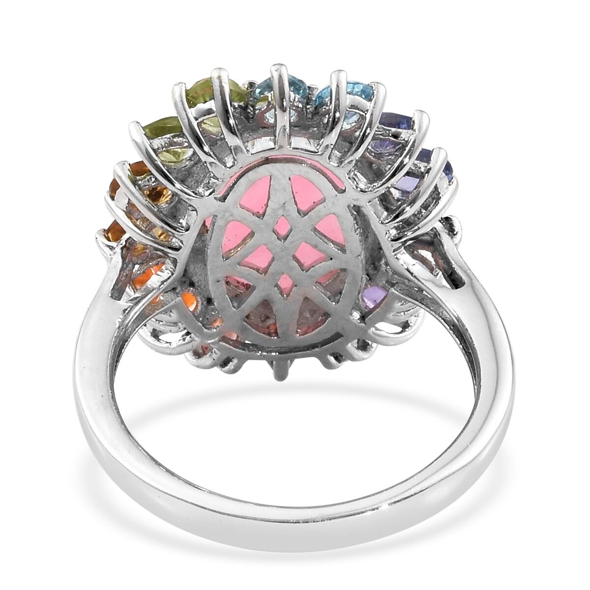 Pink Jade (Ovl 7.45 Ct),Tanzanite, Hebei Peridot, Blue Topaz, Mozambique Garnet, Amethyst, Citrine and Multi Gemstone Ring in Platinum Overlay Sterling Silver 10.000 Ct. Silver wt. 5.10 Gms.