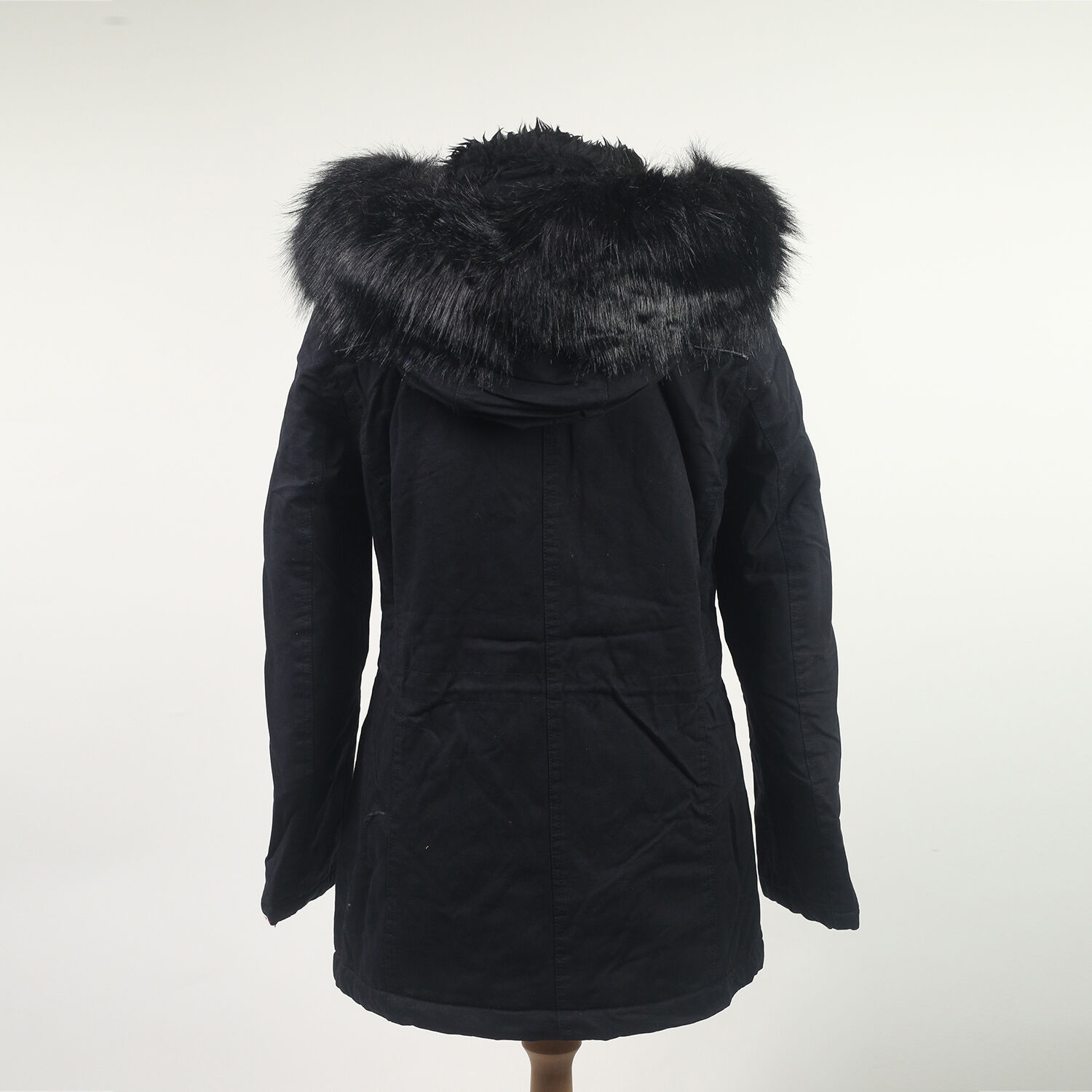 Solid Black Parka Jacket with Faux Fur Trim Detachable Hood and Zip Fastening (Size 12)