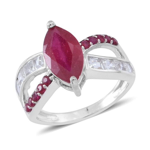 African Ruby (Mrq 3.15 Ct), Ruby and White Topaz Ring in Rhodium Plated Sterling Silver 4.450 Ct.