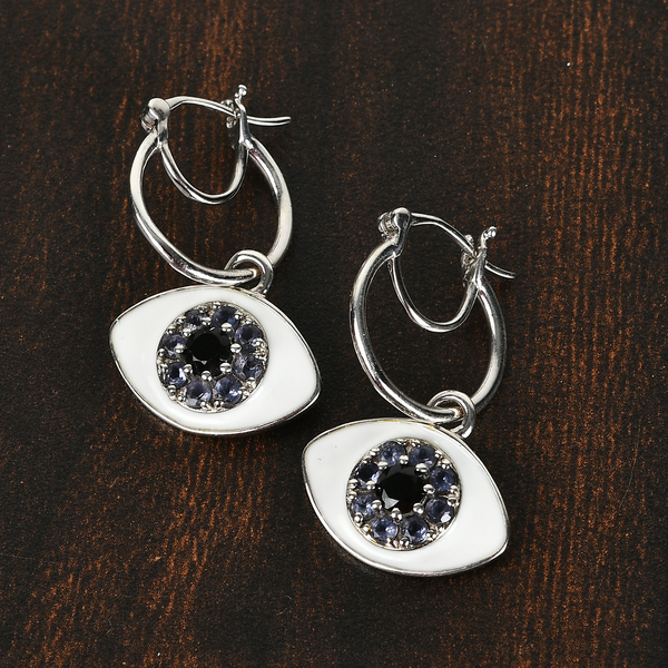 Black Spinel Enamelled ad Lolite Earrings with Clasp in Platinum Overlay Sterling Silver 1.47 Ct, Silver Wt 5.32 Gms