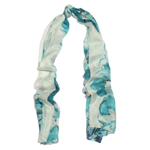 100% Mulberry Silk Turquoise, White and Multi Colour Handscreen Floral Printed Scarf (Size 200X180 Cm)