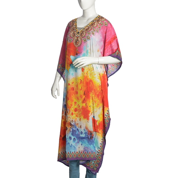 Pink, Orange and Multi Colour Maple Leaf and Necklace Digital Printed Kaftan (Free Size)