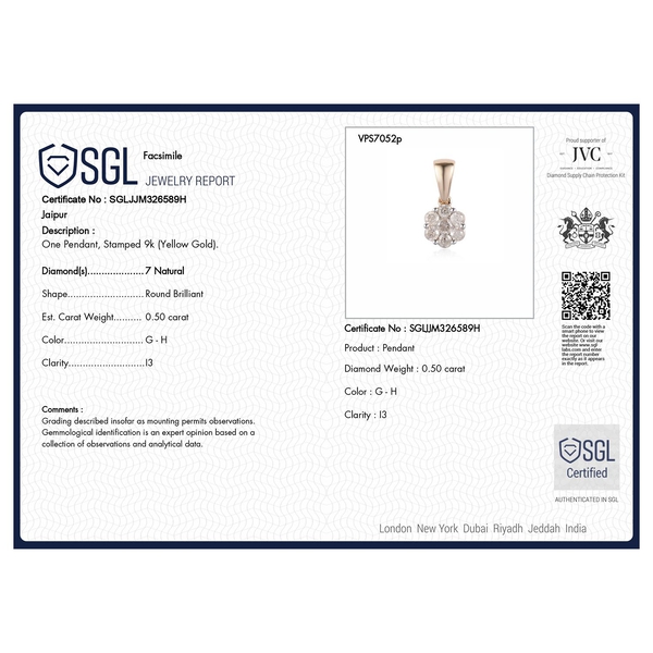 9K Yellow Gold SGL Certified Diamond (I3/G-H) Pendant 0.50 Ct.