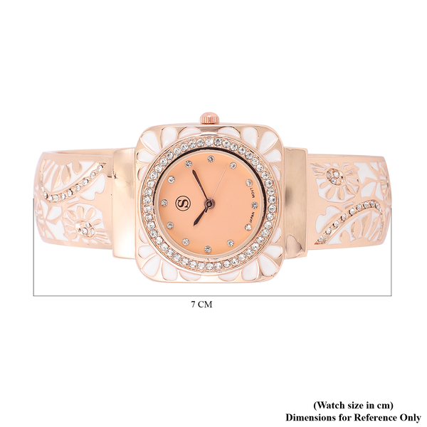 STRADA Japanese Movement Nude Pink Dial Crystal Studded Water Resistant Bangle Watch (Size 7) in Rose Gold Tone