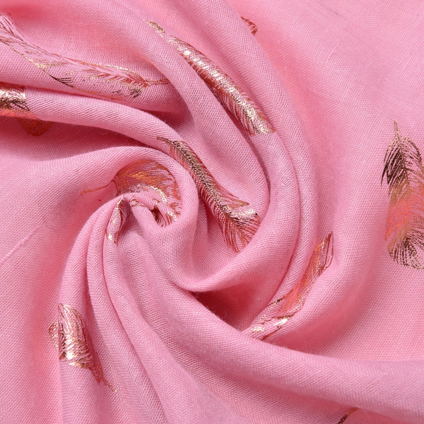 Golden Feathers Pattern Light Pink Colour Scarf with Fringes (Size 180X70 Cm)