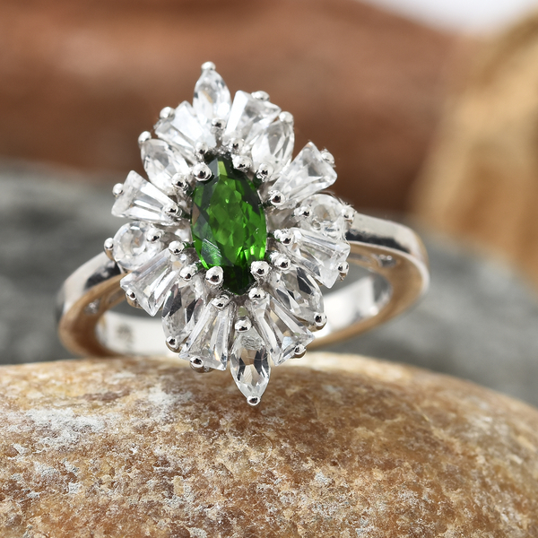 Chrome Diopside (Mrq), White Topaz Ring in Platinum Overlay Sterling Silver 2.250 Ct.
