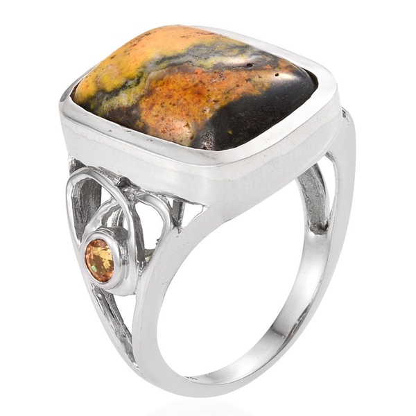 Bumble Bee Jasper (Cush 16.10 Ct), Yellow Sapphire Ring in Platinum Overlay Sterling Silver 16.500 Ct.