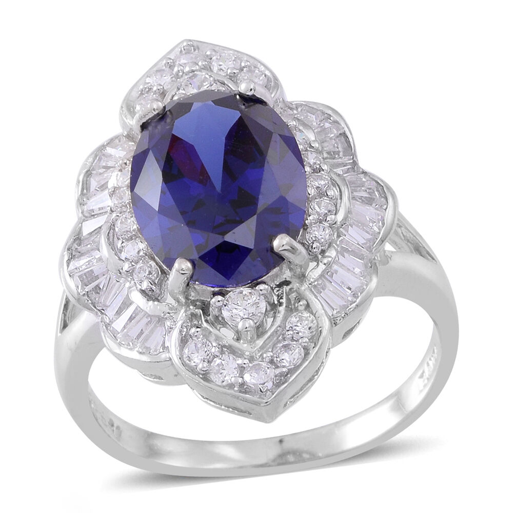 ELANZA Simulated Tanzanite (Ovl), Simulated White Diamond Ring in Rhodium Plated Sterling Silver