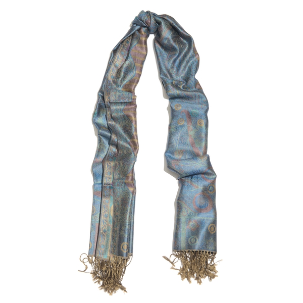 SILK MARK - 100% Superfine Silk Blue and Multi Colour Floral Pattern Jacquard Jamawar Scarf with Tassels (Size 180X70 Cm)