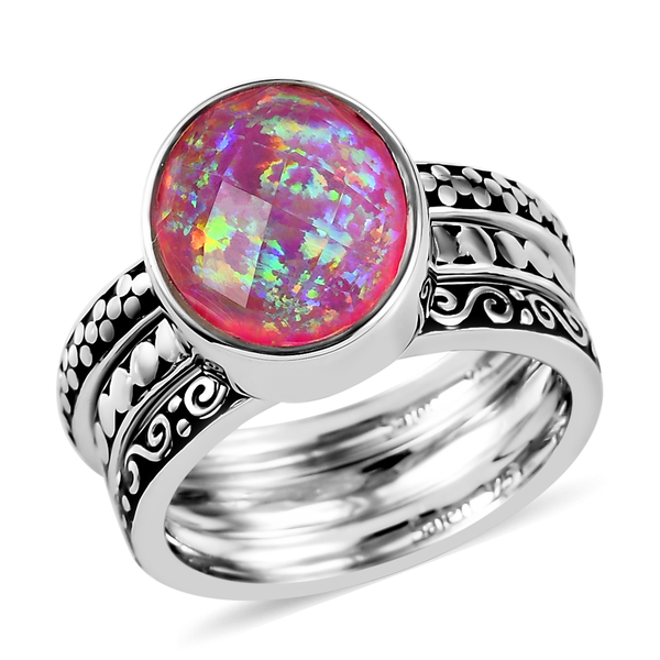 Sajen Silver Cultural Flair Collection - Set of 3 Quartz Doublet Simulated Opal Pink Ring in Rhodium Overlay Sterling Silver 3.10 Ct,  Silver Wt. 6.0 Gms