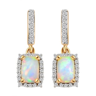 Ethiopian Welo Opal and Natural Cambodian Zircon Dangling Earrings  ( With Push Back) in Vermeil Yel