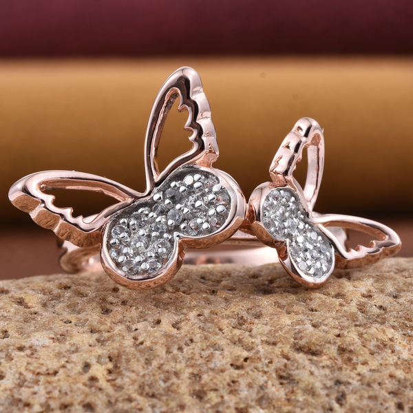 Kimberley Butterfly Collection Natural Cambodian Zircon (Rnd) Butterfly Ring in Rose Gold Overlay Sterling Silver