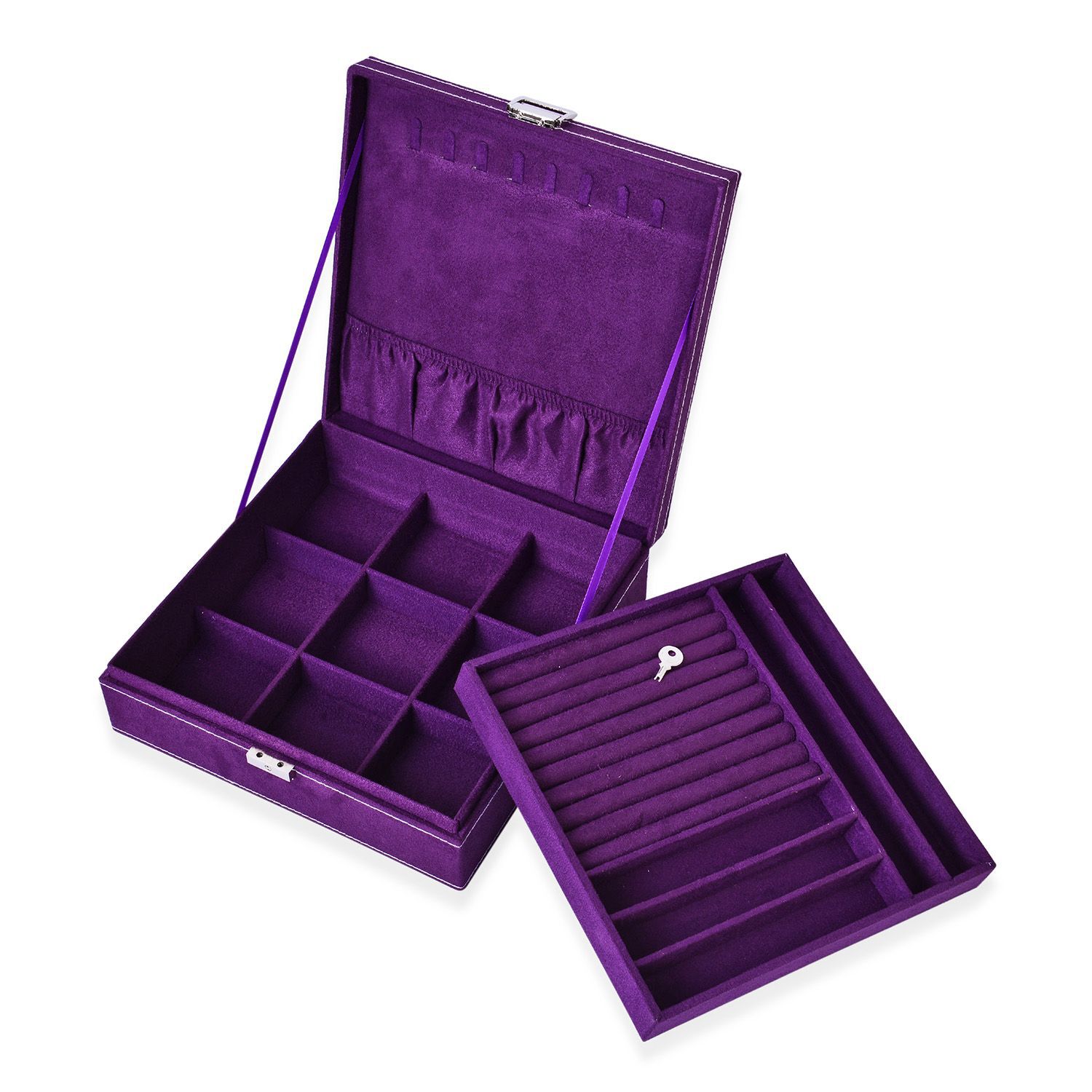 Purple Velvet -  2 Tier Jewelry Box , Removable Ring tray (store  70-80 rings, 2 Bracelet and 2 Anklet Slots) , 8 Necklace Hooks and 9 Sections Multi Storage with Lock and Key (Size 26x26x9 Cm)