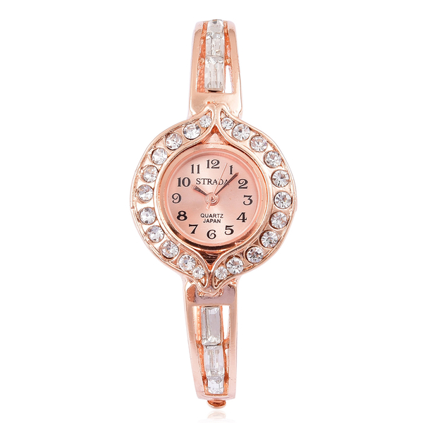 Designer Inspired STRADA Japanese Movement Bangle Watch (Size 7-8) in Rose Gold Tone with White Aust