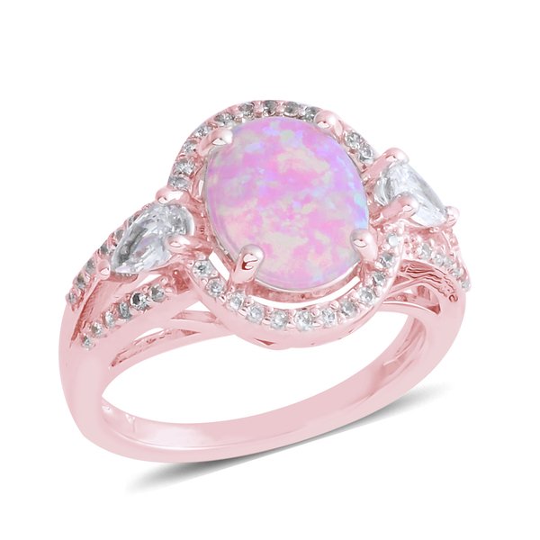 New Concept - Simulated Pink Opal (Oval), Simulated Diamond Ring in Rose Gold Bond