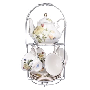 Set of 14 - Rose Pattern European Cup Set with Storage Rack - White & Pale Yellow