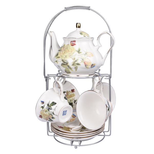 Set of 14 - Rose Pattern European Cup Set with Storage Rack - White & Pale Yellow