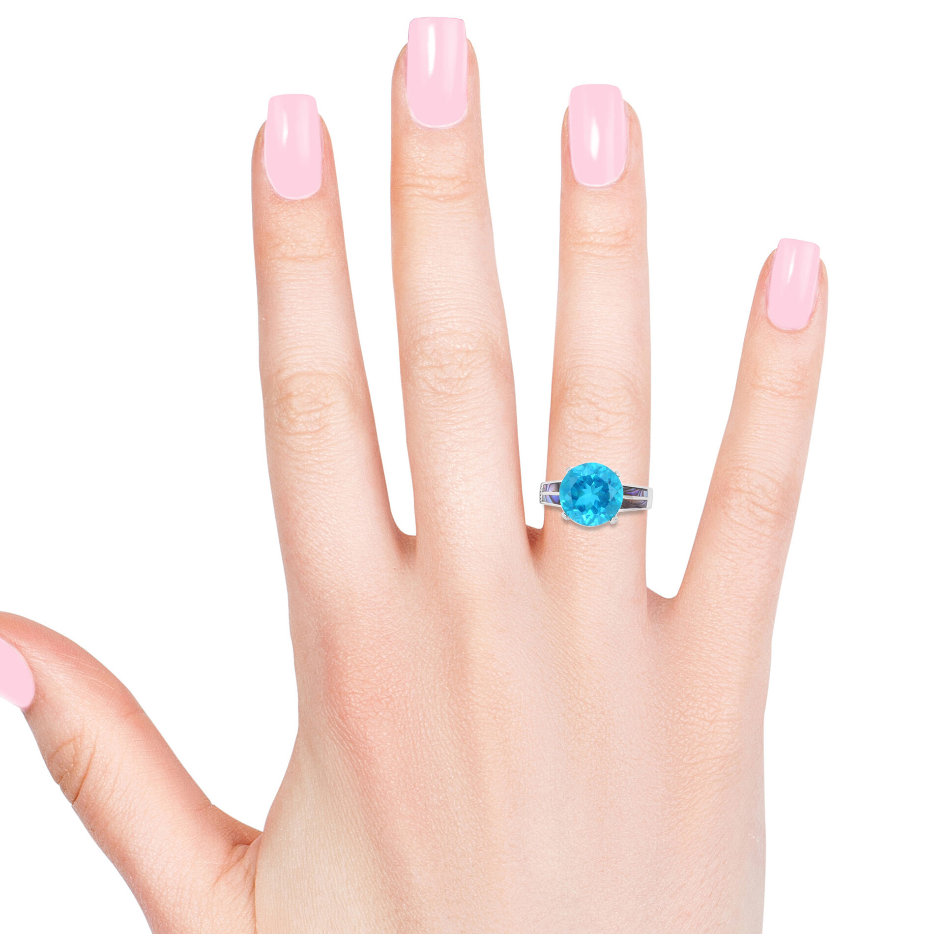 Royal Bali Collection Capri Blue Quartz (Rnd 6.76 Ct), Abalone Shell Ring in Sterling Silver 11.760 Ct.