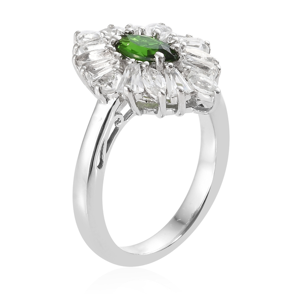 Chrome Diopside (Mrq), White Topaz Ring in Platinum Overlay Sterling Silver 2.250 Ct.