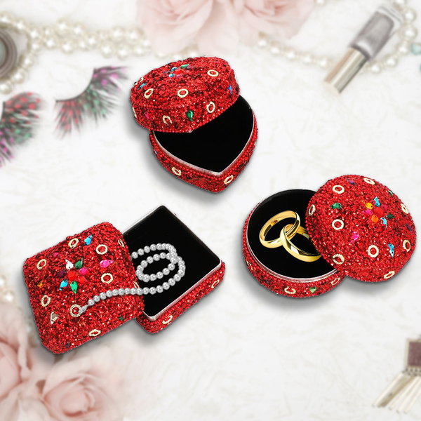 Set of 3 - Square, Round and Heart Shape Red Colour Jewellery Box   (Size 6x6x2.5 Cm, 6.5x3.5 Cm, 7x3 Cm)