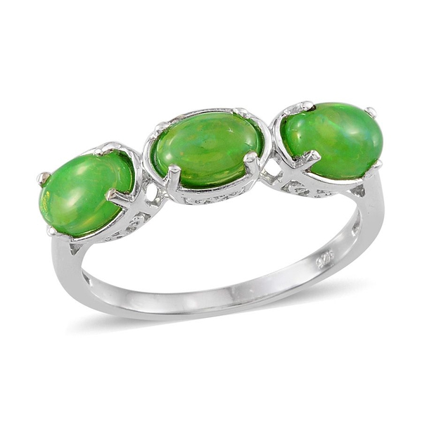 Green Ethiopian Opal (Ovl) Trilogy Ring in Platinum Overlay Sterling Silver 1.750 Ct.