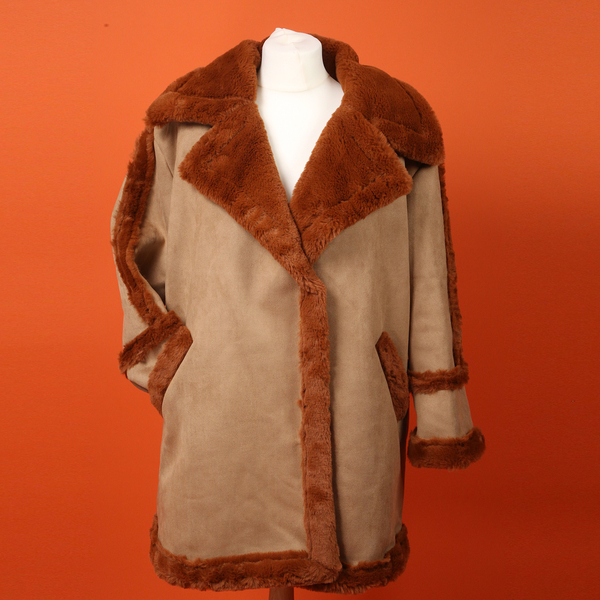Urban Mist Faux Fur Suede Shearling Soft Fleece Lined Collar Coat with Pockets - Rust Brown