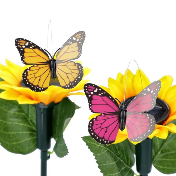 Set of 2 - Solar Fluttering Butterfly with Sunflower (Height 39 Cm) - Yellow, Green and Pink