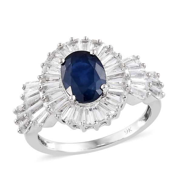 4.23 Ct AAA Kanchanaburi Blue Sapphire and Cambodian Zircon Halo Ring in 9K White Gold 3.15 Grams
