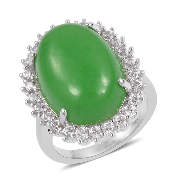 Green Jade (Ovl 14.00 Ct), Natural White Cambodian Zircon Ring in Rhodium Plated Sterling Silver 15.